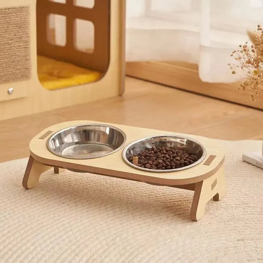 Elevated Double Pet Bowl Feeder with Wooden Stand – Stainless Steel