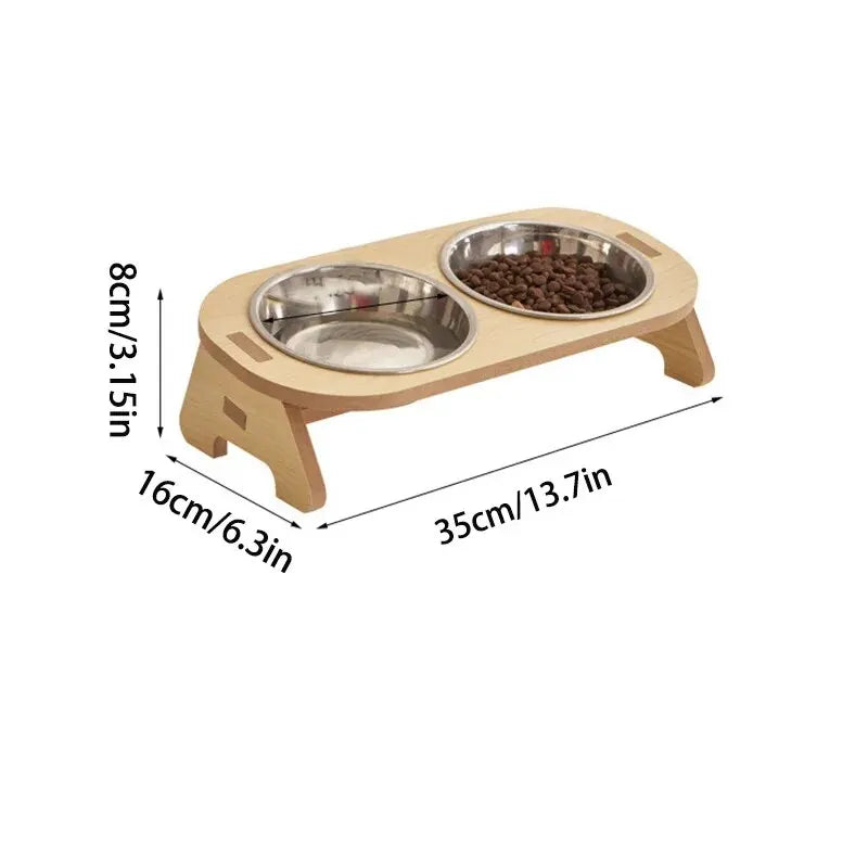 Elevated Double Pet Bowl Feeder with Wooden Stand – Stainless Steel