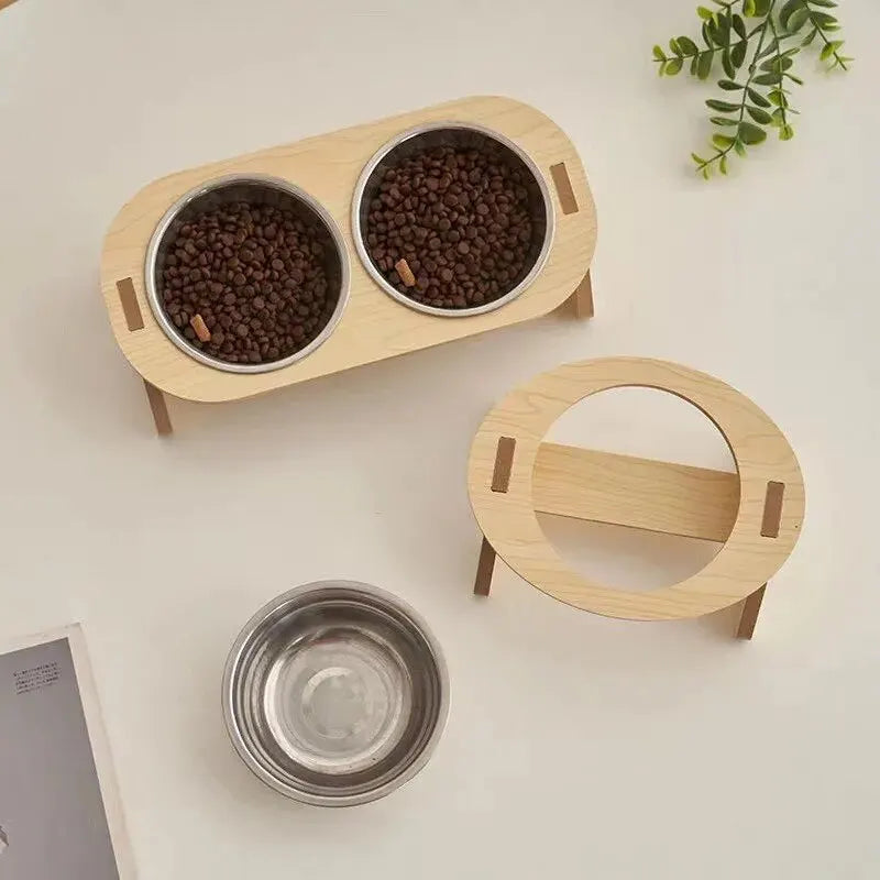 Elevated Double Pet Bowl Feeder with Wooden Stand – Stainless Steel
