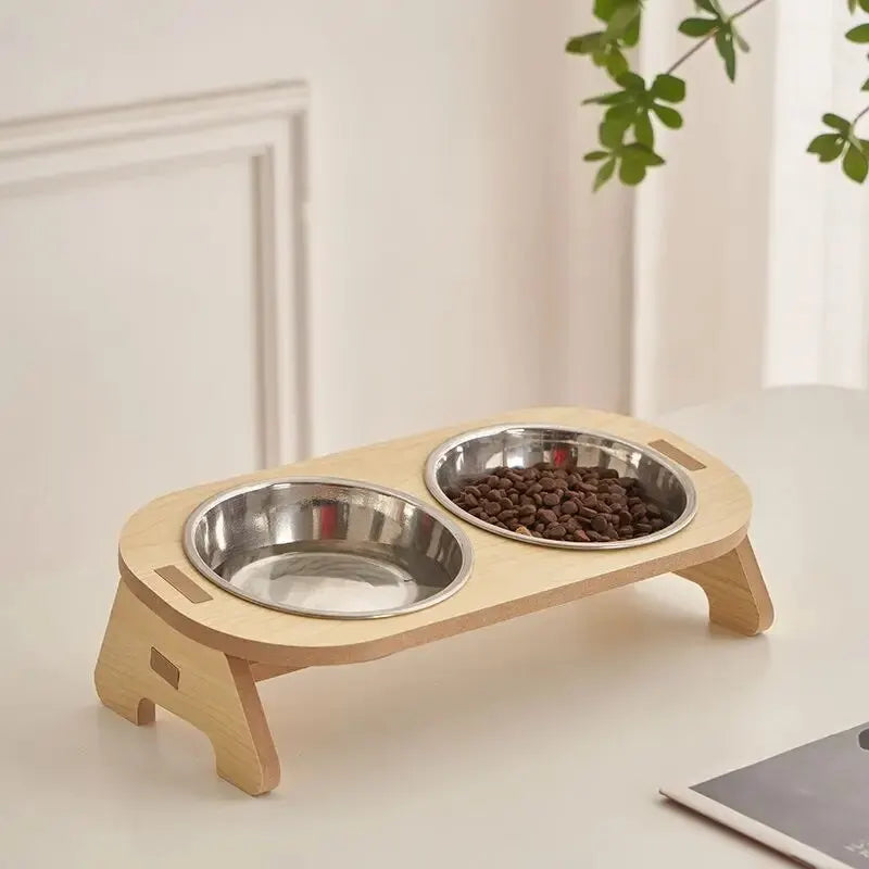 Elevated Double Pet Bowl Feeder with Wooden Stand – Stainless Steel