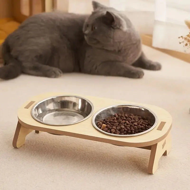 Elevated Double Pet Bowl Feeder with Wooden Stand – Stainless Steel
