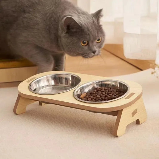 Elevated Double Pet Bowl Feeder with Wooden Stand – Stainless Steel